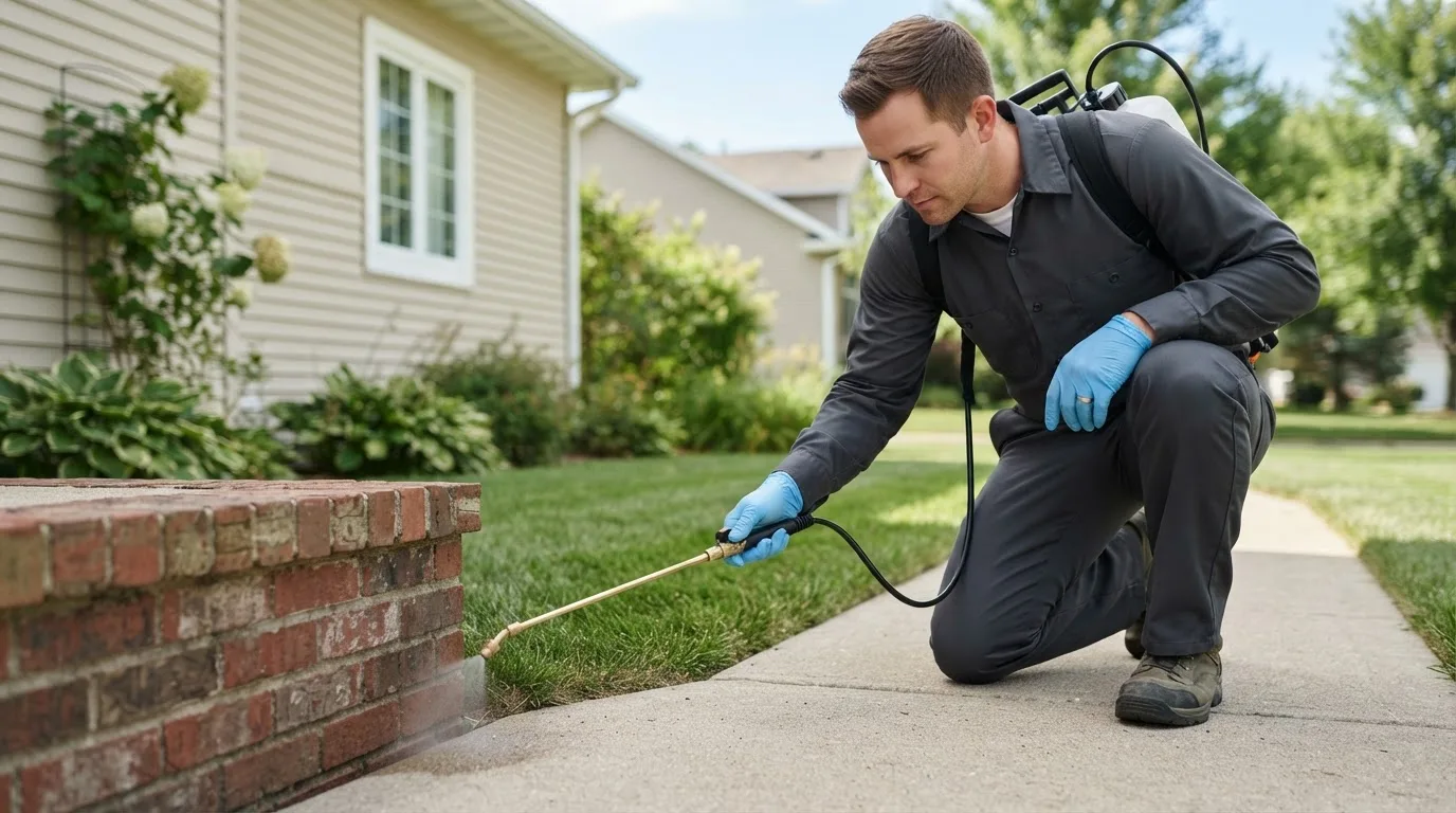 Pest control technician treating a home near Westhampton Beach, NY